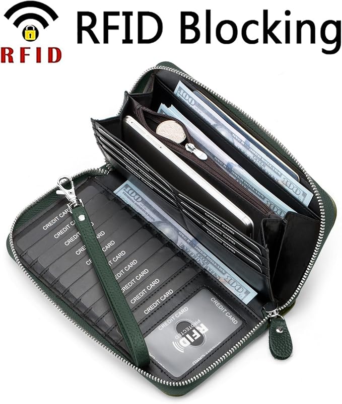 Moflycom Womens Wallet RFID Blocking Genuine Leather Multi Credit Card Large Capacity Zip Around Clutch Travel Purse Wristlet - Image 2