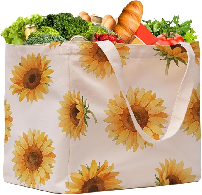 Aesthetic Canvas Reusable Grocery Bags Heavy Duty, 8.3 gal Foldable Large Tote Bag with Handles, Holds 60 lbs & Washable Eco-friendly Bags with 5 Pockets, Beige with a print 1 Bags by CNaiyunpin