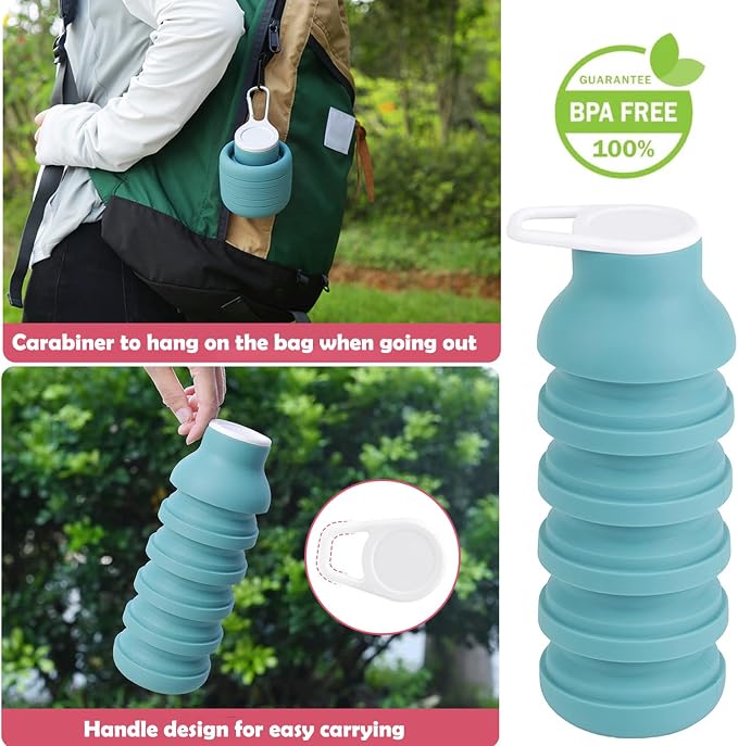 Collapsible Silicone Water Bottle – Foldable Travel Water Bottle Leakproof, BPA Free, Portable & Space-Saving – Perfect for Gym, Hiking,Travel(carabiner and cleaning brush),Light green - Image 6