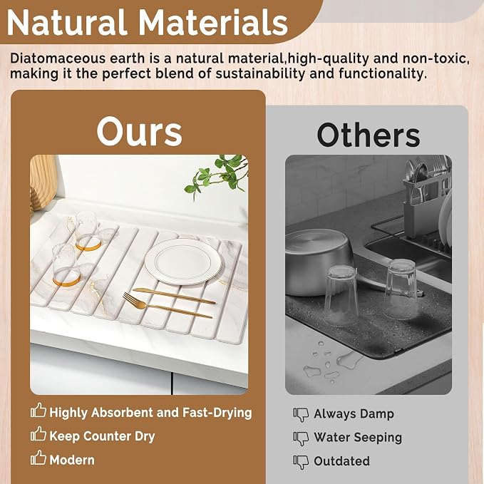 Large Stone Dish Drying Mat for Kitchen Counter,Quick Dry Stone Dishes Mats,Marbled Water Absorbing Diatomaceous Earth Drying Pad for Countertop Bottles Utensils Cups(Yellow White 24"x16"&8"x4") - Image 7