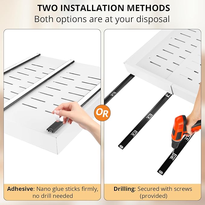 DOMNIU 2 Pack Pull Out Cabinet Organizers Expandable Width (12.4''-20.27'') | Upgrade 3 Slide Rails Sliding Drawer for Kitchen Cabinet Organizer with Adhesive Nano Film, White - Image 8