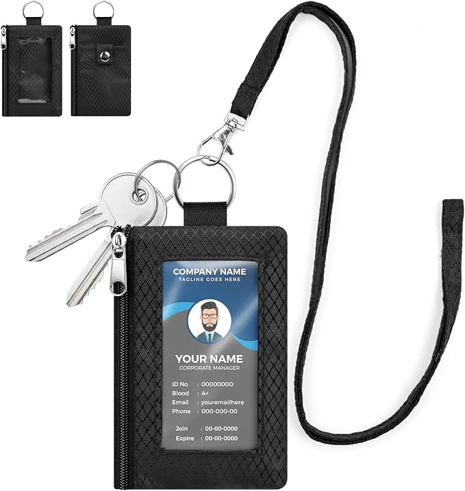 RFID Blocking Lanyard Wallet with ID Window Card Holder Black 1pc | Slim, Small, Keychain Wallet, Traval Neck Wallet, Zipper Pouch, Badge Holder, for Cards Cash Coins by SIDESUGAR