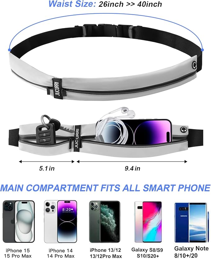 Slim Running Belt for Women and Men, Waterproof Phone Holder for Running, Reflective 2-Pocket Waist Pack for Storing Runner's Essentials Safely, Runner's Fanny Pack, Money Belt Fits Most Phones, Grey - Image 3
