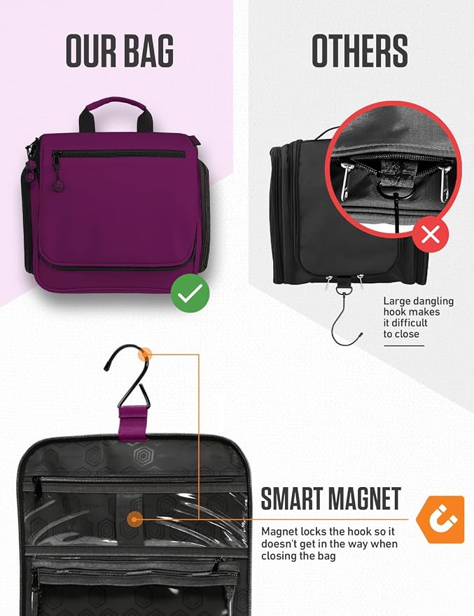 VENTURE 4TH Hanging Travel Toiletry Bag, 18 Compartments - Purple | Hangs on rails, hooks or doors; stands upright. Removable TSA pouch. Water-resistant Nylon 290D Twill, reinforced stitching. - Image 6