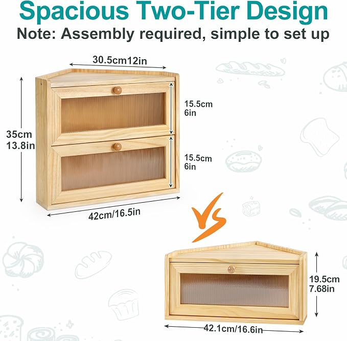 Sunhoo Bread Box for Kitchen Countertop Corner Large Wooden Bread Bin 2 Tier Rustic Food Storage Container with Acrylic Window Farmhouse Keeper Shelf Organizer for Loaves Pastries & Snacks (Yellow) - Image 4