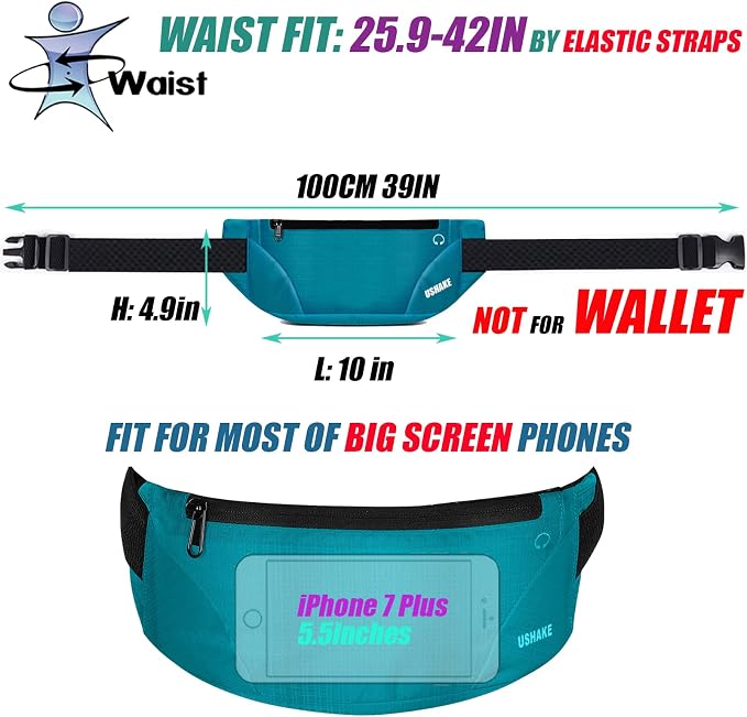 USHAKE Running Belt,Men or Women Ultra Light Bounce Free Waist Pouch Bag Fitness Workout Belt Sport Waist Pack Exercise Waist Bag for iPhone Samsung LG in Running Gym Marathon (MINT BLUE) - Image 3