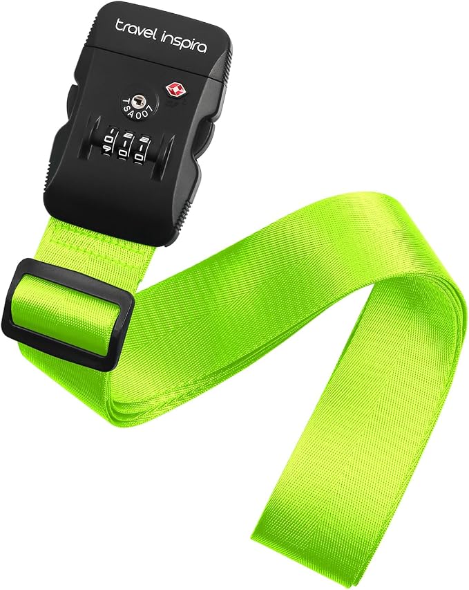 Travel Inspira Heavy Duty Luggage Straps with TSA Lock | Anti-Burst Protection; High Visibility Green; TSA-Lock Belt with Tag; Adjustable 103-200cm; 20-28 Inch Bags; Anti-Burst by TravelInspira