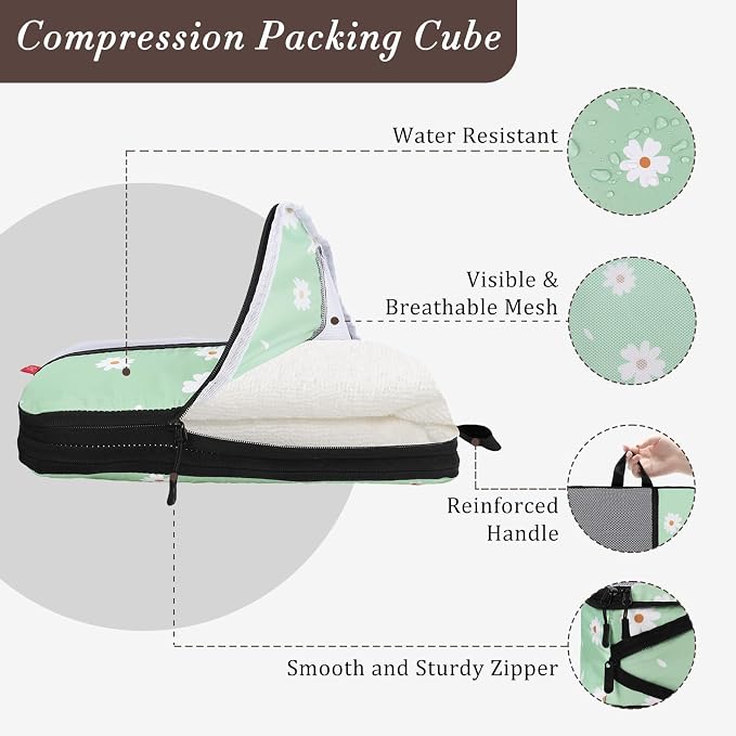 U+U 4 Set Compression Packing Cubes, Travel Organizers (Daisy) | Space-Saving & Lightweight Travel - Image 2