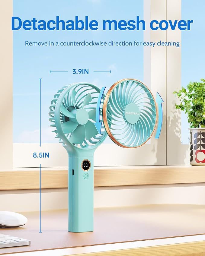SWEETFULL Handheld Fan, Portable Fan, 5000mAh Rechargeable Battery, 6 Speed Wind, LED Display, Personal Mini Travel Fan with Backup Power, Hand Held Fan USB Foldable Electric Fan for Women Girl - Image 6