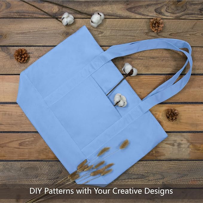 TOPDesign 1-Pack Canvas Tote Bag with an External Pocket, Reusable Grocery Shopping Bag, Top Zipper Closure, Daily Essentials (Light Blue) - Image 4
