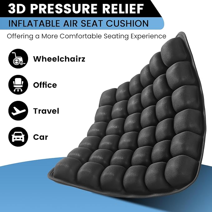 Travel Cushion, Inflatable Travel Cushion Airplane Seat Cushion for Long Flights, Portable Car Seat Cushions for Office Chair, Wheelchair, Camping, Home Living (Black) - Image 2