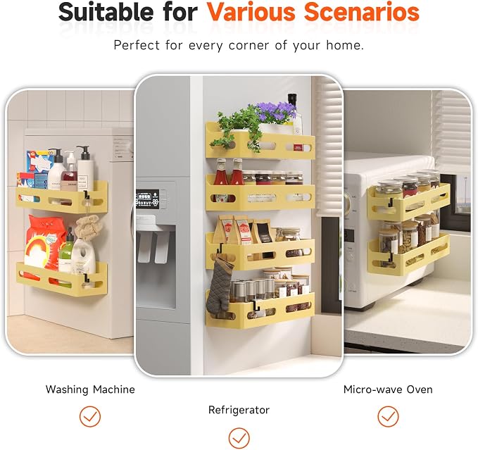 4-Pack Magnetic Spice Rack for Refrigerator with Hooks, Yellow | Strong multipurpose magnetic shelf for kitchen & bathroom organization. Includes 4 removable hooks for hanging items. - Image 6