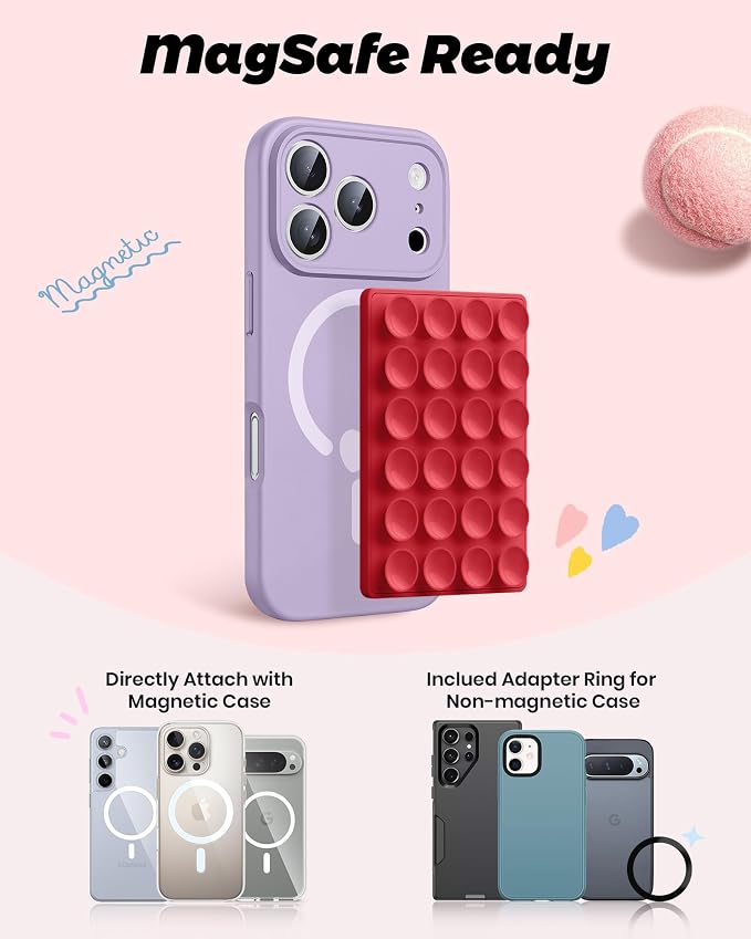 amBand Magnetic Sticky Phone Suction Grip for MagSafe, Removable for Wireless Charging, Durable Magnet Silicone Portable Mount Stand for iPhone 12 13 14 15 16 17, Hands-Free Video/Selfie, Cherry Red - Image 2