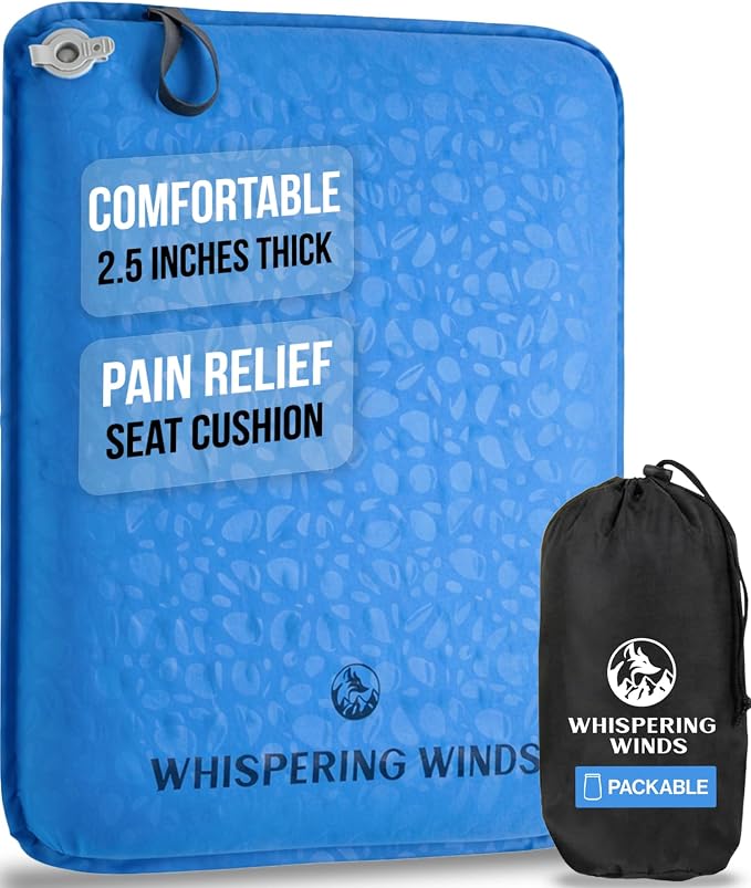 Whispering Winds Inflatable Seat Cushion | Comfortable & Packable Blow-up Foam Pad for Airplane Travel, Stadium Outdoors, Camping, Car & More by WhisperingWinds