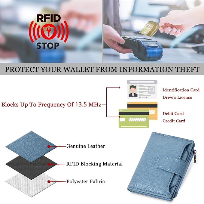 Small Wallet Women RFID Blocking Soft Leather Bifold Compact Card Holder Wallet for Women with Zipper Coin Pocket 4 ID Window - Image 6