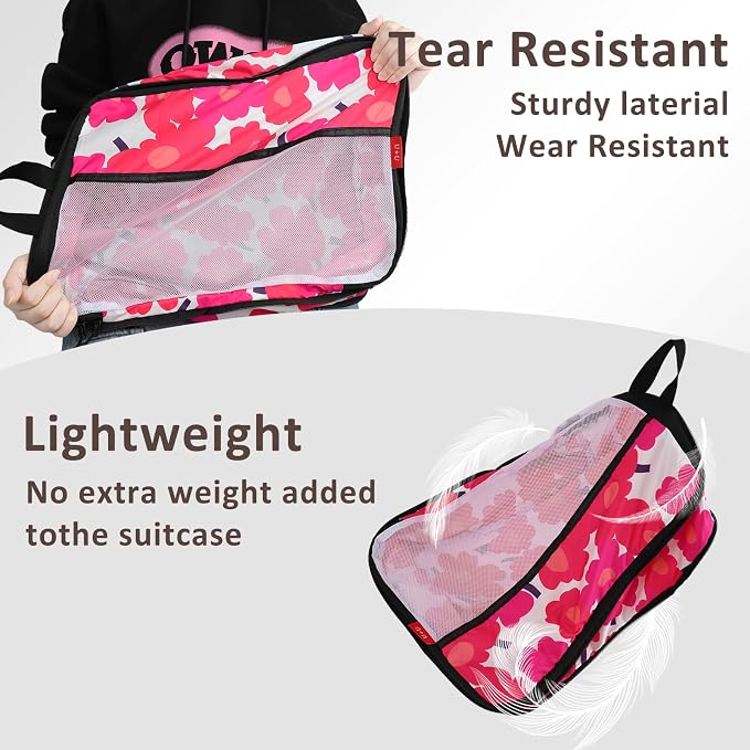 U+U 4 Set Compression Packing Cubes, Travel Organizers (Red Flower) | Space-Saving & Lightweight Travel - Image 5
