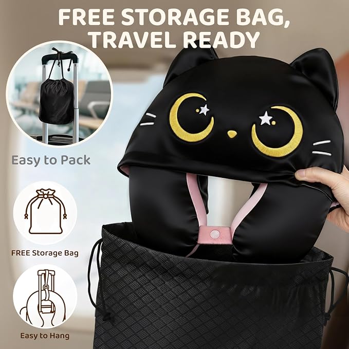 Mewaii Travel Neck Pillow, Airplane Pillow with Hood, Memory Foam, Pink | Neck Support, Reversible, Adjustable Strap, Washable Cover, Cat-Ear Hood, Storage Bag, for Flights, Adults & Teens - Image 8