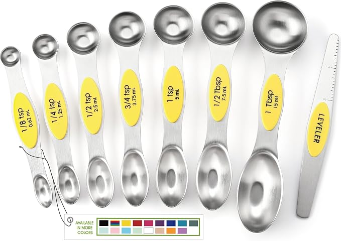 Spring Chef Stainless Steel Magnetic Measuring Spoons Set of 8, Yellow | Dual Sided Teaspoon & Tablespoon Measuring Spoons w/ Leveler for Dry & Liquid Ingredients, Measure Spoons for Baking, Cooking by SpringChef
