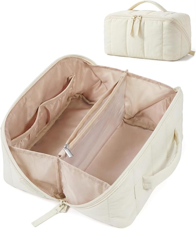 BAGSMART Travel Makeup Bag for Women, Portable Water-resistant Cosmetic Case, Puffy Padded Make Up Organizer Pouch, Open Flat Toiletry Bag for Toiletries, Brushes, Light Beige by BAGSMART