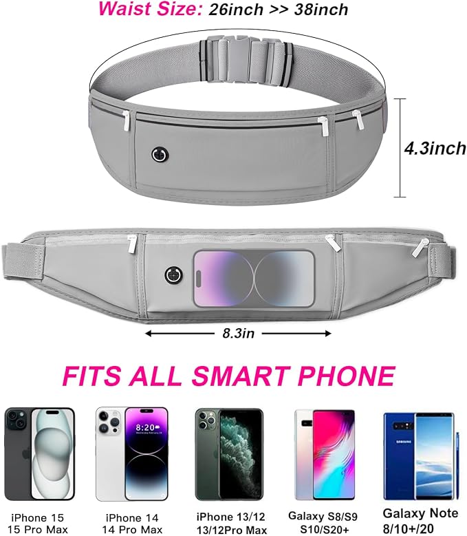 Slim Running Belt for Women Men, Runners Fanny Pack Phone Holder, Money Belt, Running Gear Accessories, with 3 Pockets, Light Gray - Image 3