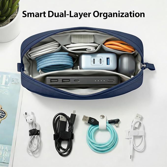 Travel Electronics Organizer Waterproof Cable Bag Midnight Blue | Padded Oxford fabric case with 8 compartments and elastic loops to protect power banks and hold 3ft+ cords securely. - Image 3