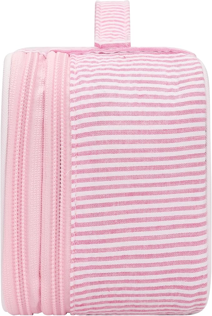 Relavel Pink Makeup Bag, Dual-Layer Cute Travel Cosmetic Bag, Pink Strip | Multi-Functional Small Toiletry Organizer with Make Up Brush Compartment, Travel Bag for Preppy Accessories for Daily Use - Image 9