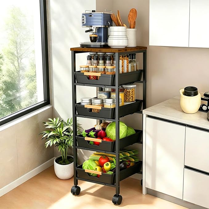 Slim Storage Cart with Wheels Pull-Out 5-Tier Rolling Storage Cart | narrow black 12.6in Wide, Mesh Baskets with Raised Edge, Wood-Grain Top, 360° Lockable Casters, Easy Assembly by Unknown