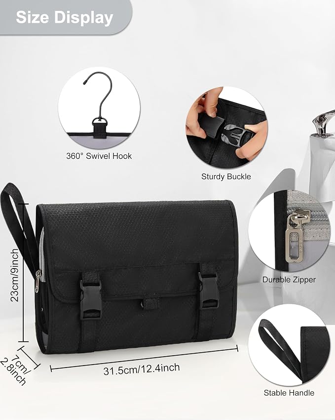 Relavel Travel Toiletry Bag for Men, Large Hanging Toiletries Bag - Black | with Hanging Hook, Large Capacity Door Room Essentials, Travel Organizer for Full Sized Cosmetics and Accessories - Image 3
