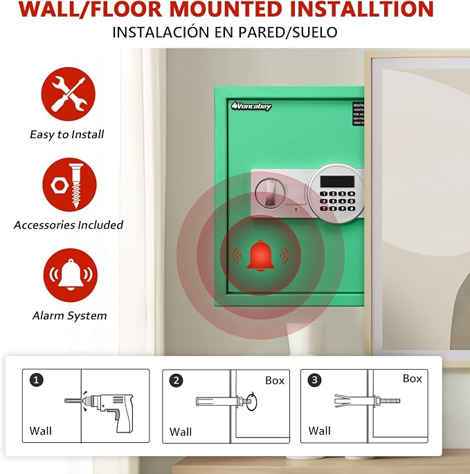 Voncabay Money Safe Box for Home with Digital Keypad, 1.5 Cu. Ft., Green | Alloy Steel, 2 Fireproof Bags, Digital Keypad with Display, Removable Shelf, Alarm System, 14 x 13 x 13 In. - Image 3