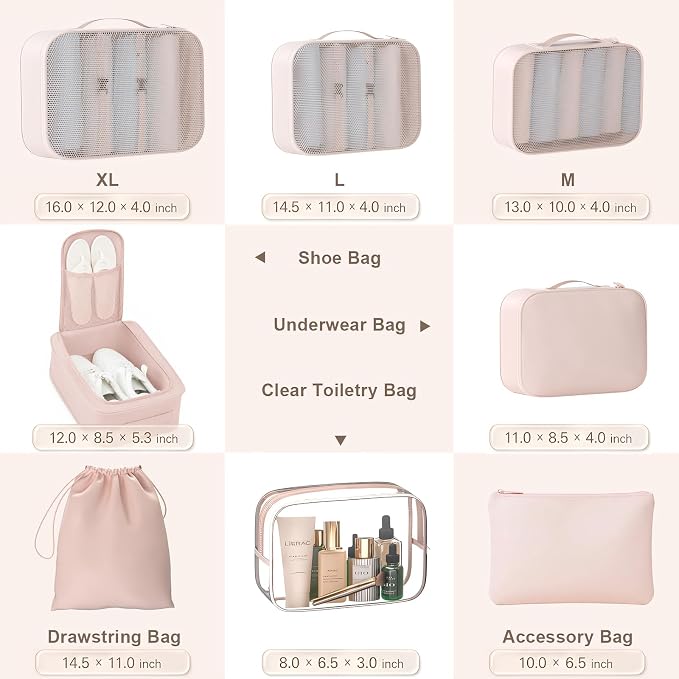 8 Set Packing Cubes for Travel with Clear Toiletry Bag, Durable Luggage Packing Organizers, Carry-On Accessories, TSA Approved See-Through Cubes, Space-Saving Storage Bags, Gifts for Women - Image 3