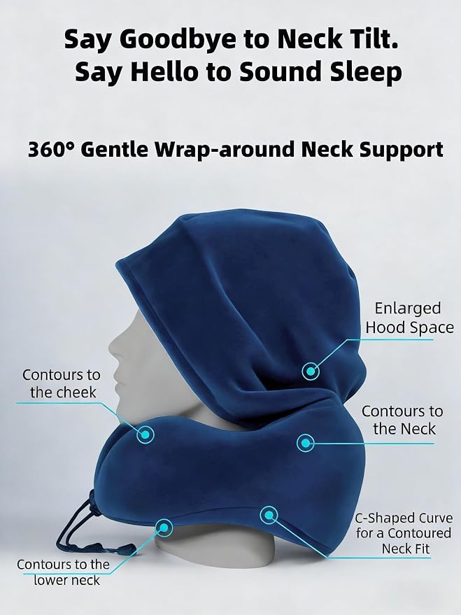 Travel Neck Pillow with Extra Large Hood Rollable Airplane Hooded Neck Pillow with Memory Foam Filling and Removable, Skin-Friendly Cover with a Carrying Pouch - Image 4