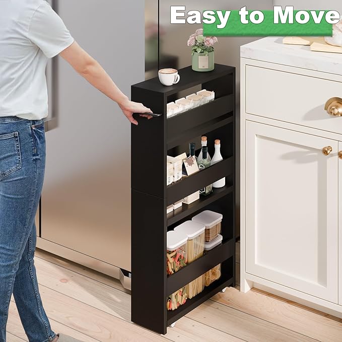 MARTY Slim Rolling Storage Cart, Wood Utility Kitchen Bathroom Laundry Cart | 4 Tier Kitchen Cart with Wheels Handle, Laundry Room Organization, Narrow Bathroom Storage Cabinet, 5.5" Wide Storage Trolley - Image 2