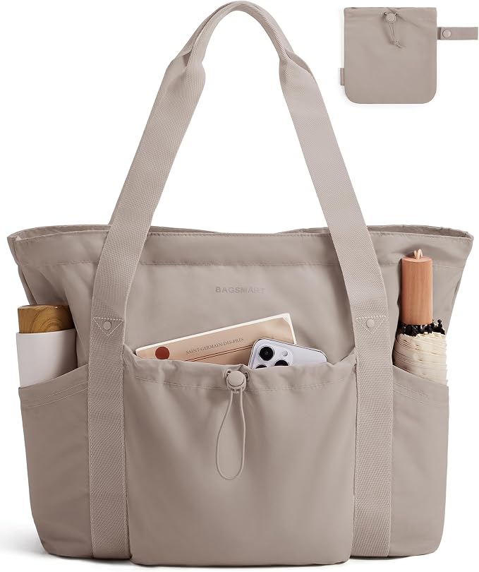 BAGSMART Foldable Tote Bag with Drawstring Bag, Tote Bag Shoulder Bag Top Handle Handbag for Travel, Work, Beach, Gym by BAGSMART