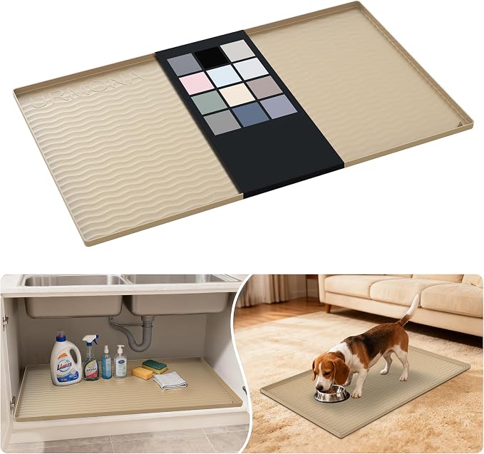 URMONA Waterproof Silicone Under Sink Mat 37'' x 22'' Shelf Liner for Kitchen and Bathroom, Cabinet and Counter Protector, Storage and Organizers, Litter Mat, Pet Cat Puppy Essentials(Khaki) by URMONA