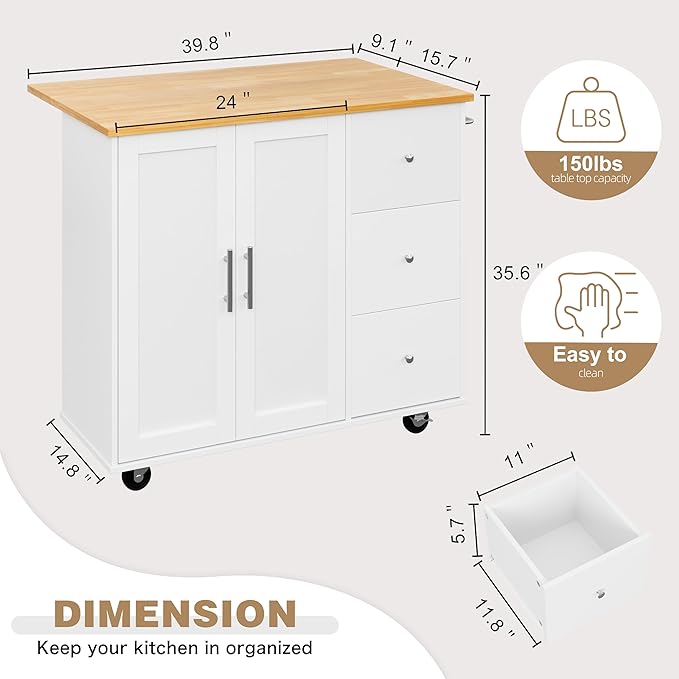 Shintenchi Kitchen Island with Folding Drop Leaf, Rolling Island Table with Storage, Kitchen Cabinet on Wheels with Seating Area for Kitchen, Bar Cart with Cabinet, White - Image 3