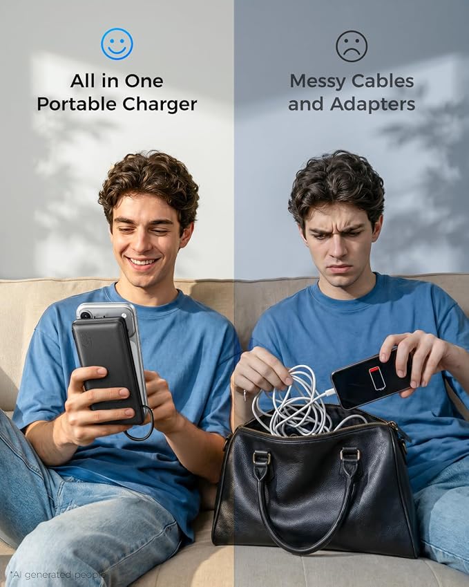 VEGER Portable Charger for iPhone, Power Bank Built in Cables and Wall Plug | 10000mAh,Ultra Slim&Compact,5 Outputs,LED Display,Flight-Safe,Travel Essentials Battery Pack for iPhone 17,iPad, Samsung,etc - Image 6