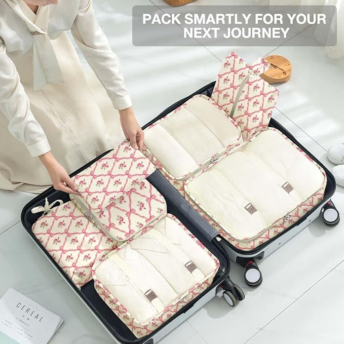 8 Set Packing Cubes for Suitcases,Packing Cube with Shoe, Cosmetics, Clothing, and Accessories Bags Packing Cubes for Travel Luggage Organizer Women Men(Bow Flowers) - Image 7