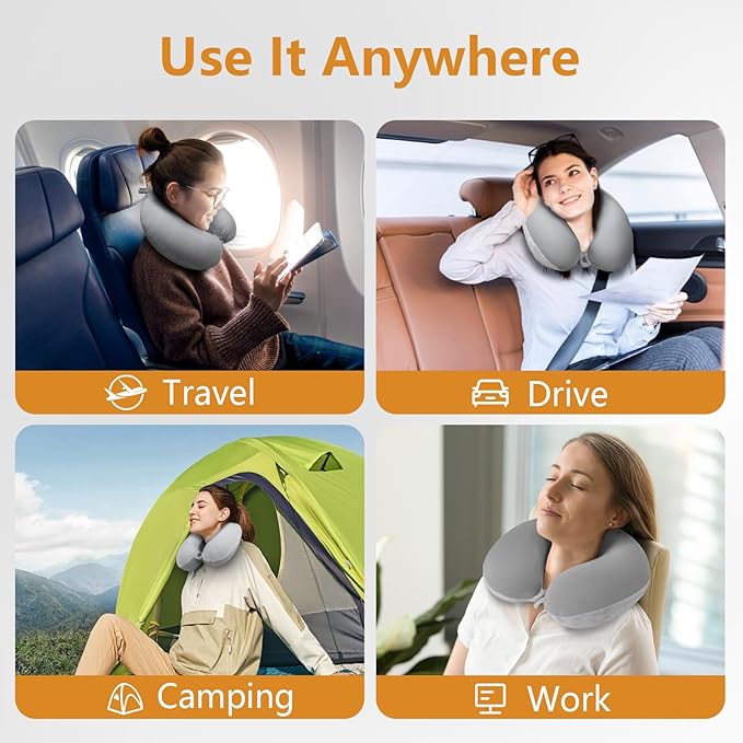 Travel Pillow, Memory Foam Neck Pillow for Traveling Winter Summer, U Shape Neck Pillow Airplane Portable Flight Pillow Adult Travel Neck Pillow for Plane Train Car Home Office - Grey - Image 7