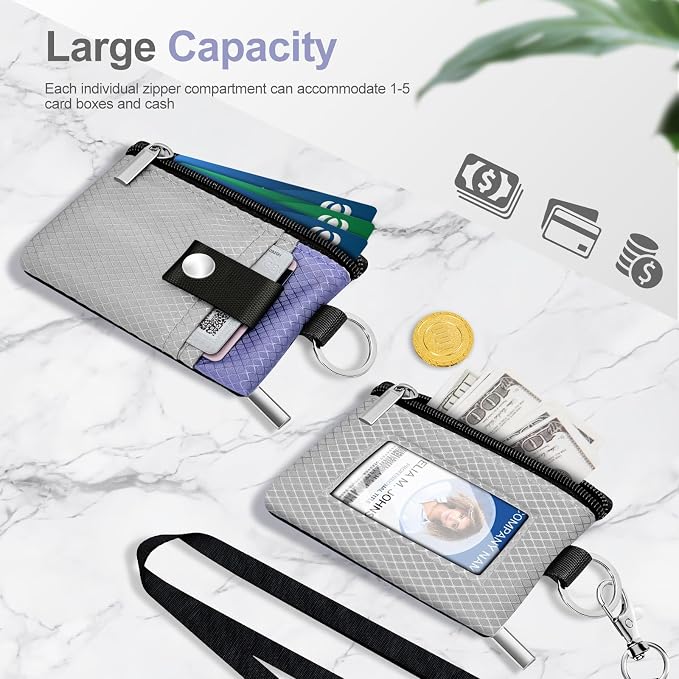 Minimalist RFID Blocking Small Wallet with ID Window,WaterResistant Zip Id Case Wallet with Lanyard Keychain for Cards,Cash,Travel,Women,Men (Light Gray/Lavender Purple) - Image 7
