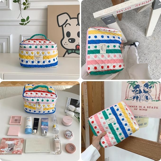 Fcteap Makeup Bag Travel Essentials Quilted Cosmetic Toiletry Pouch Organizer Insert for Women Dorm Room Essential Gift Large Capacity Opening Lightweight Cute Aesthetic Portable 2PCS (Colorful Dots) - Image 3