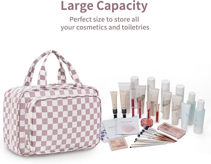 Narwey Travel Toiletry Bag for Women Large Hanging Makeup Bag Organizer Toiletries Bag for Full Size Essentials Accessories Cosmetics (Dusty Pink Checkerboard (Large)) - Image 6
