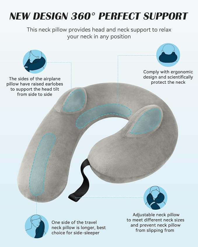 Patented Design Inflatable Travel Neck Pillow – Airplane Neck Pillow with 360° Head & Neck Support, Soft Washable Velvet Cover, Compact Neck Support Pillow for Airplane,Train,Car,Office & Home (Grey) - Image 3
