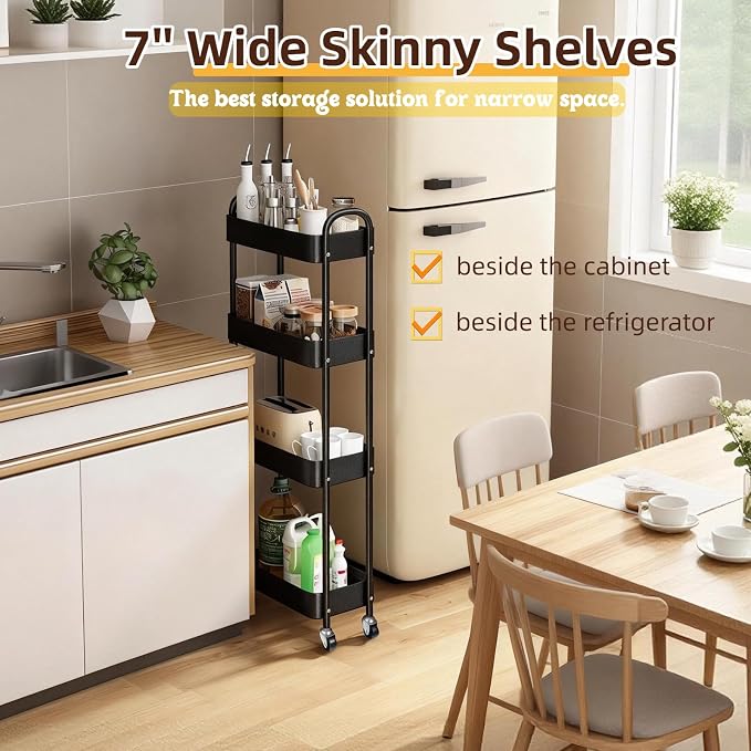 4 Tier Slim Storage Cart with Wheels for Laundry Room Between Washer and Dryer, 7.1'' Narrow Rolling Cart with Wheels and Lockable Casters, Metal Thin Standing Shelf for Small Space, Black - Image 4