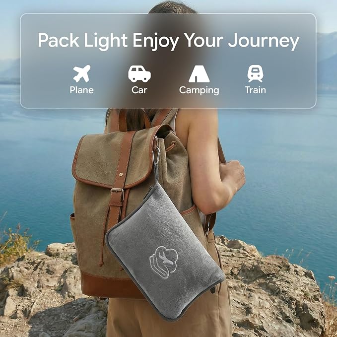 Travel Blanket, Soft 2-in-1 Airplane Blanket, 65x40 Inches, Travel Blanket Airplane Compact with Bag, Car Blanket with Luggage Sleeve & Backpack Clip (Light Grey) - Image 7
