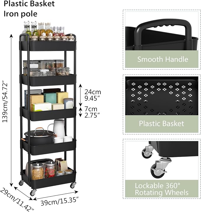 Sywhitta 5-Tier Plastic Rolling Utility Cart with Wheels,Black | Multi-Functional Storage Trolley, for Office, Living Room, Kitchen, Bathroom,Movable Organizer,Space-Saving,Easy to assemble - Image 3