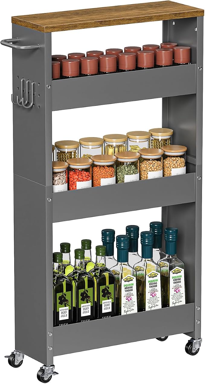 XYZLVSI Slim Storage Cart, Narrow Kitchen Rolling Cart for Small Spaces | 5.9" W skinny storage cart, 12.4" bottom metal utility cart with 360° swivel wheels for bathroom/laundry, slim shelf, Gray - Image 9