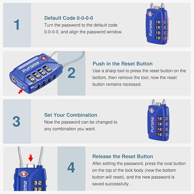 Puroma 2 Pack TSA Approved Luggage Locks 4 Digit Code Cable Lock Blue | Resettable, Flexible Cable, Zipper holes, Zinc Alloy, Bright Color, Large White Numbers, Suitcase Train Travel, laptop bag - Image 6