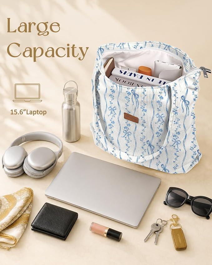 Aesthetic Corduroy Tote Bag with Zipper for Women | Reusable, Fits 14 Inch Laptop, Inner Pocket, double-sided print, Lightweight - Image 6