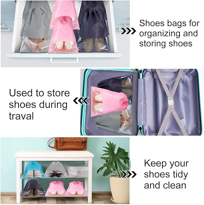 6 Pcs Travel Shoe Bags, ULIFEMALL Large Non-Woven Drawstring Shoes Storage Bag with Transparent Slot Clear Window Portable Waterproof Dustproof Shoes Pouch Packing Organizer for Men Women, Pink - Image 6