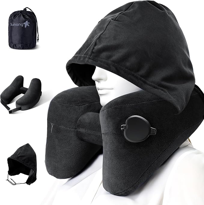 Sunany Neck Pillow for Travel Inflatable Airplane Pillow Comfortably Supports Head,Neck and Chin,Inflatable Travel Pillow with Soft Velour Cover,Portable Drawstring Bag (Black with Hat) by Sunany